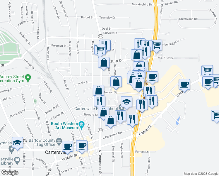 map of restaurants, bars, coffee shops, grocery stores, and more near Gilreath in Cartersville
