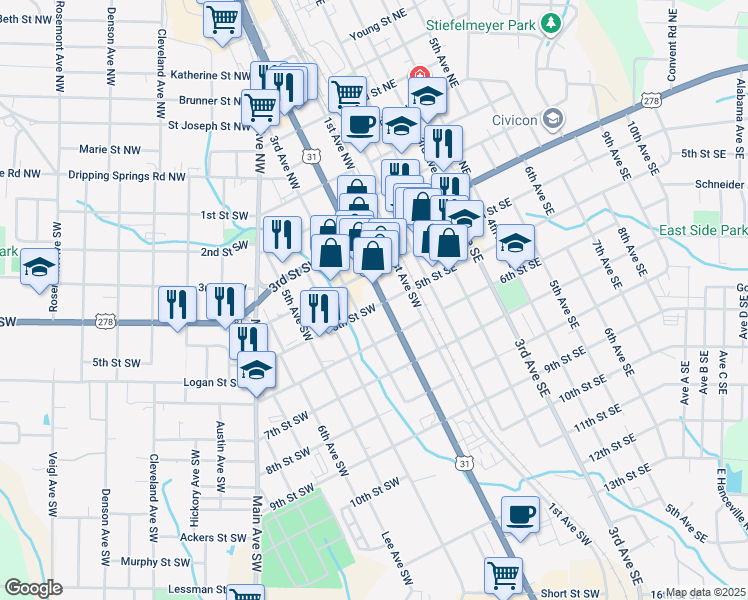 map of restaurants, bars, coffee shops, grocery stores, and more near 420 Alabama 69 in Cullman
