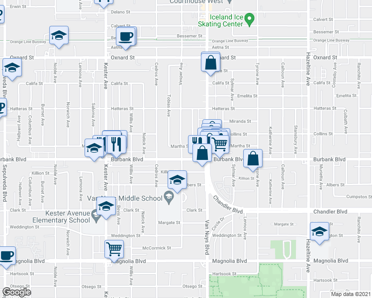 map of restaurants, bars, coffee shops, grocery stores, and more near 14546 Martha Street in Los Angeles