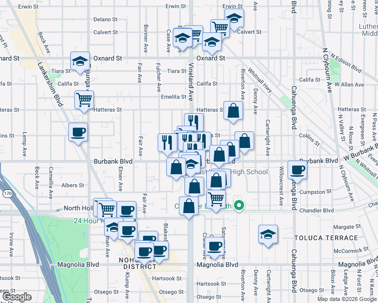 map of restaurants, bars, coffee shops, grocery stores, and more near 11009 Burbank Boulevard in Los Angeles