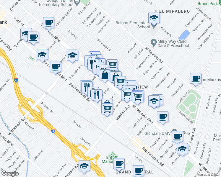 map of restaurants, bars, coffee shops, grocery stores, and more near 1822 West Glenoaks Boulevard in Glendale