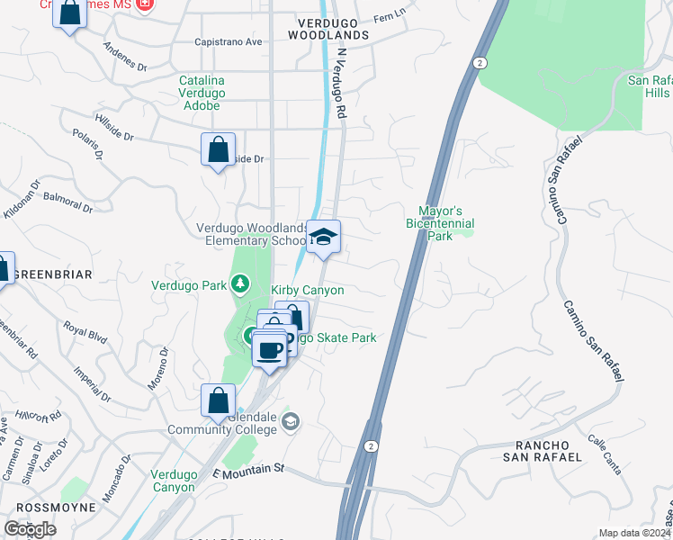 map of restaurants, bars, coffee shops, grocery stores, and more near 1734 North Verdugo Road in Glendale