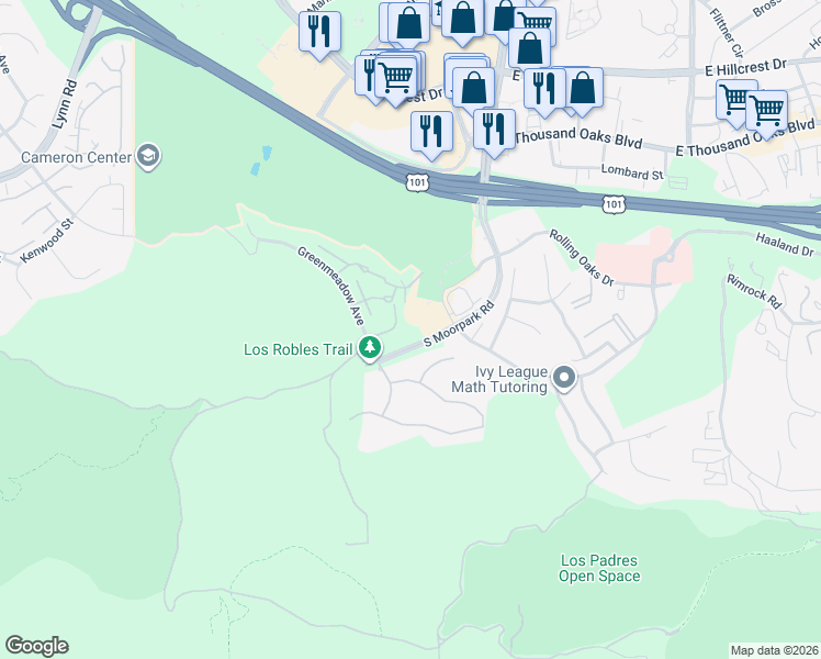map of restaurants, bars, coffee shops, grocery stores, and more near 296 Green Moor Place in Thousand Oaks