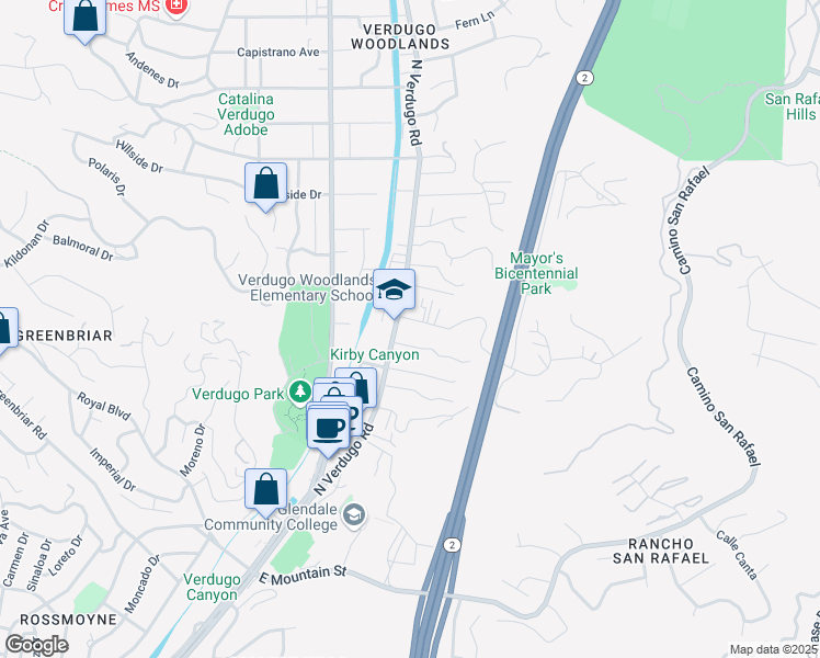 map of restaurants, bars, coffee shops, grocery stores, and more near 1734 North Verdugo Road in Glendale