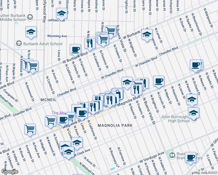 map of restaurants, bars, coffee shops, grocery stores, and more near 1014 North Catalina Street in Burbank