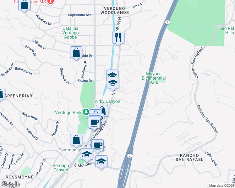 map of restaurants, bars, coffee shops, grocery stores, and more near 1820 Sherer Lane in Glendale