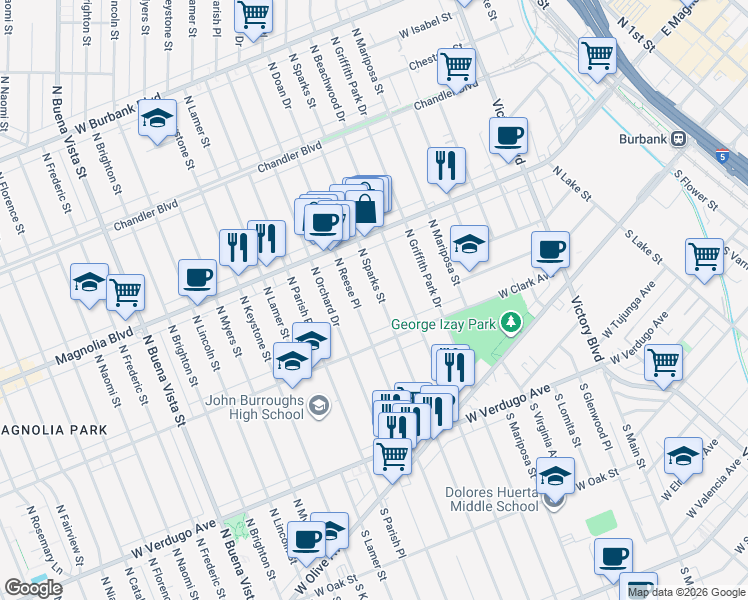 map of restaurants, bars, coffee shops, grocery stores, and more near 340 North Sparks Street in Burbank