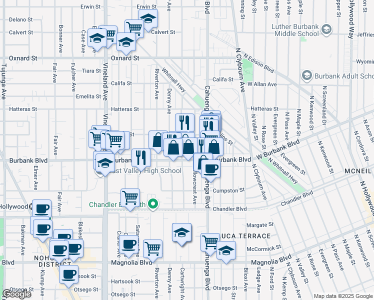 map of restaurants, bars, coffee shops, grocery stores, and more near 5626 Cartwright Avenue in Los Angeles