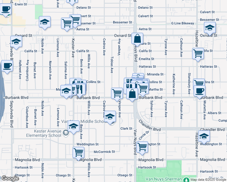 map of restaurants, bars, coffee shops, grocery stores, and more near 14628 Martha Street in Los Angeles