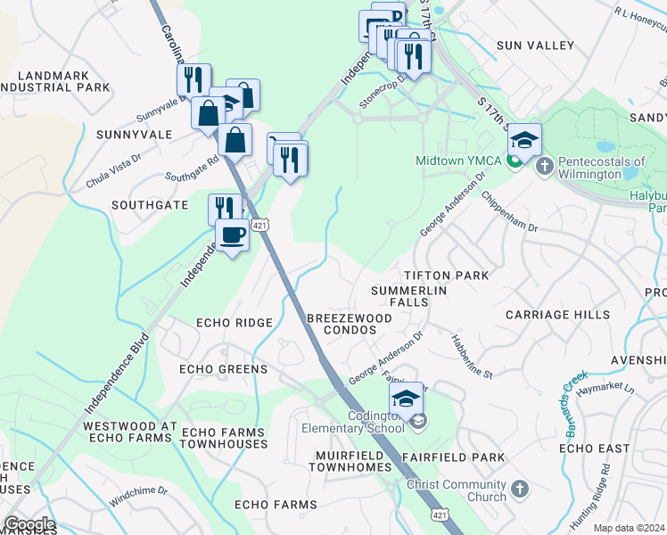 map of restaurants, bars, coffee shops, grocery stores, and more near 4110 Breezewood Drive in Wilmington