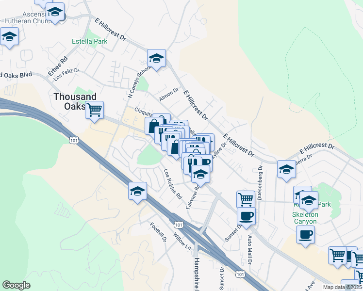 map of restaurants, bars, coffee shops, grocery stores, and more near in Thousand Oaks