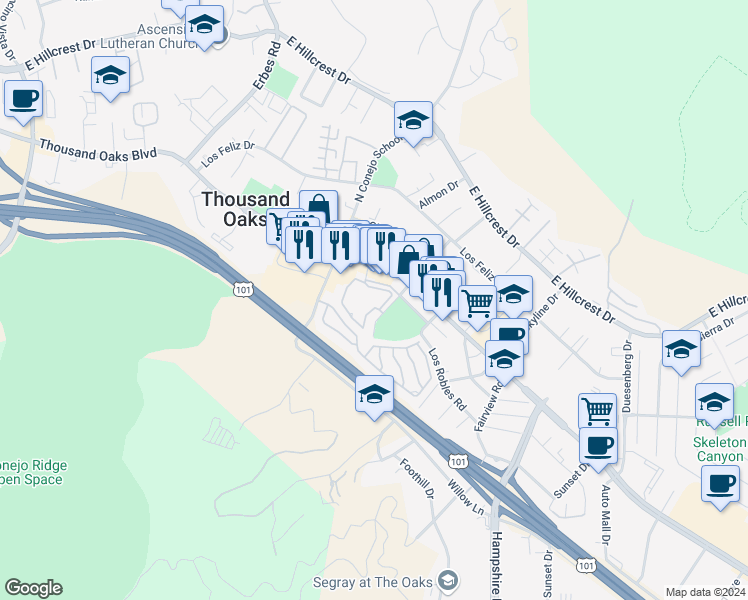 map of restaurants, bars, coffee shops, grocery stores, and more near 2462 Pleasant Way in Thousand Oaks