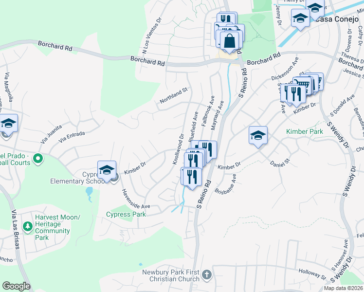 map of restaurants, bars, coffee shops, grocery stores, and more near 276 Knollwood Drive in Thousand Oaks