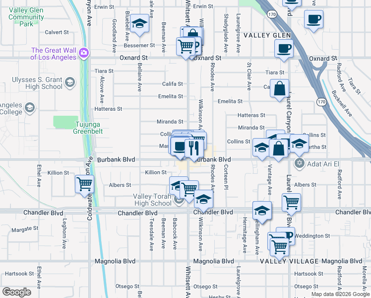 map of restaurants, bars, coffee shops, grocery stores, and more near 12500 Martha Street in Los Angeles