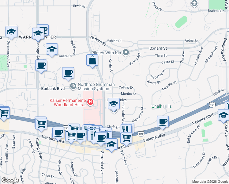map of restaurants, bars, coffee shops, grocery stores, and more near 20833 Martha Street in Los Angeles