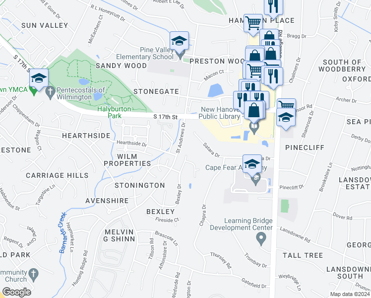map of restaurants, bars, coffee shops, grocery stores, and more near 1605 Bexley Drive in Wilmington
