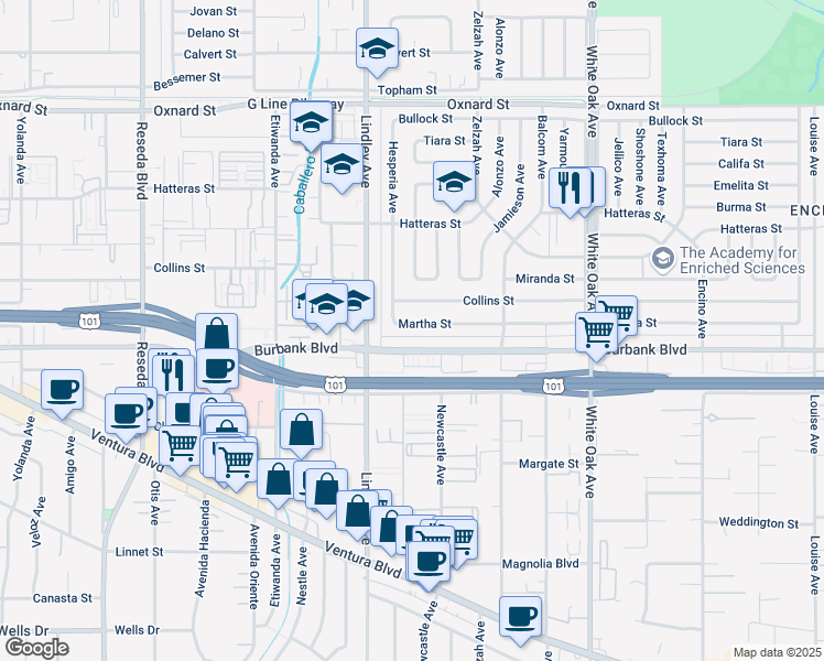 map of restaurants, bars, coffee shops, grocery stores, and more near 18030 Martha Street in Los Angeles