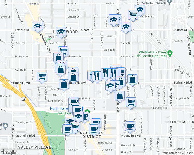 map of restaurants, bars, coffee shops, grocery stores, and more near 5624 Fair Avenue in Los Angeles