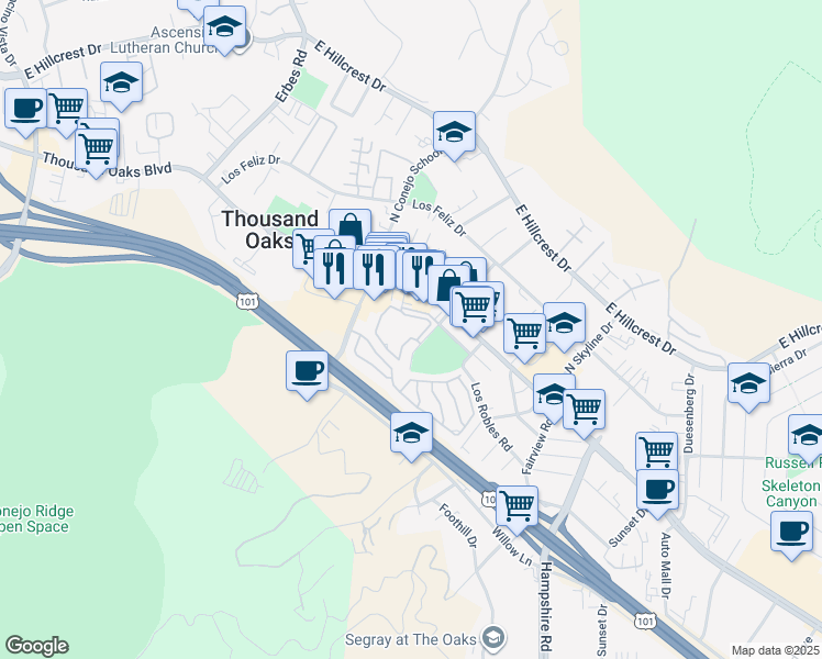 map of restaurants, bars, coffee shops, grocery stores, and more near 2462 Pleasant Way in Thousand Oaks