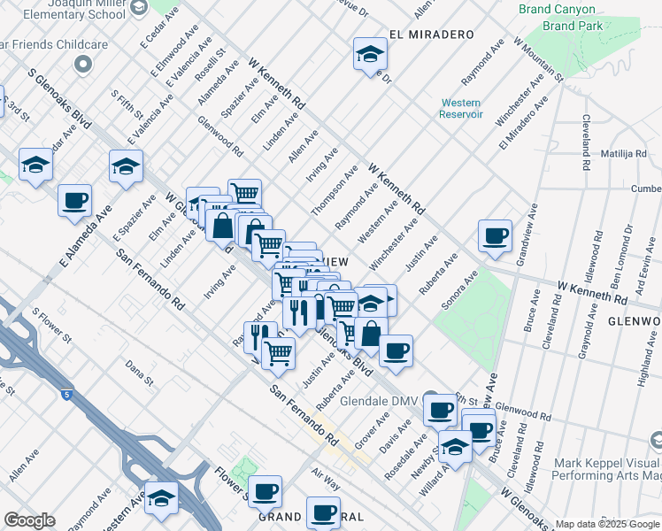 map of restaurants, bars, coffee shops, grocery stores, and more near 1153 Western Avenue in Glendale