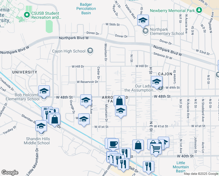 map of restaurants, bars, coffee shops, grocery stores, and more near 4233 Mountain Drive in San Bernardino County