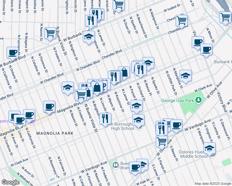 map of restaurants, bars, coffee shops, grocery stores, and more near 641 North Keystone Street in Burbank