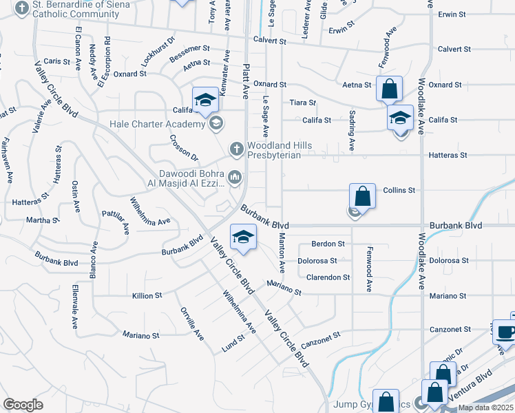 map of restaurants, bars, coffee shops, grocery stores, and more near 23644 Martha Street in Los Angeles