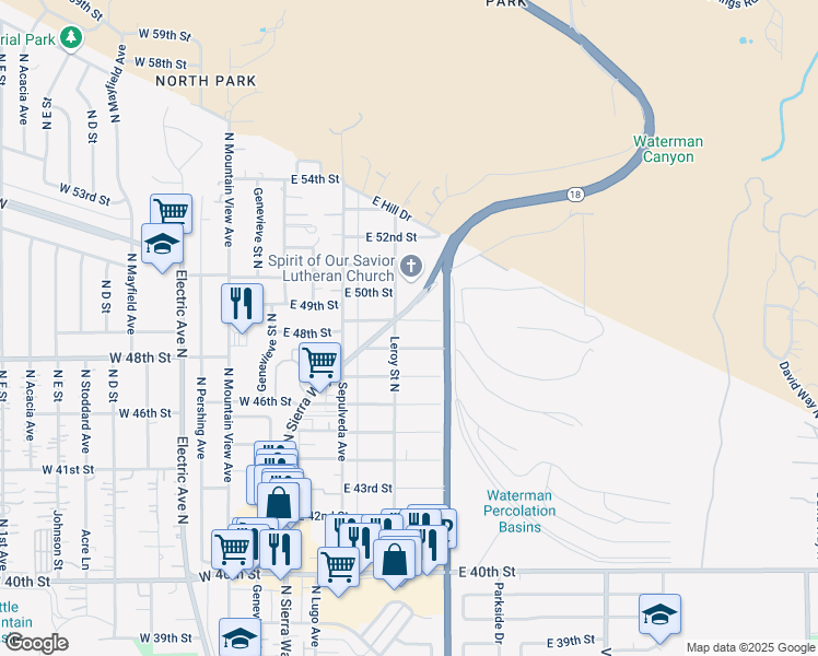 map of restaurants, bars, coffee shops, grocery stores, and more near 251 East 49th Street in San Bernardino