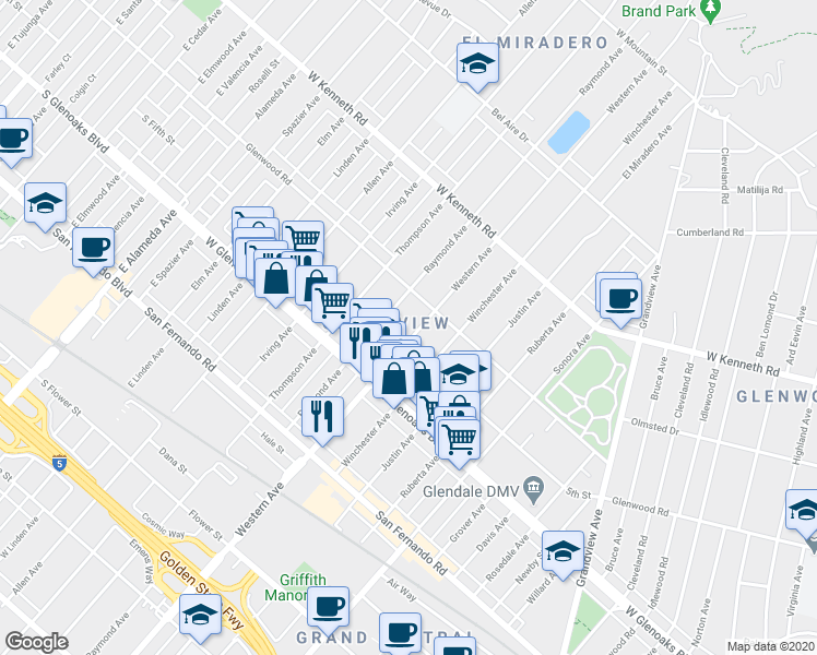 map of restaurants, bars, coffee shops, grocery stores, and more near 1153 Western Avenue in Glendale