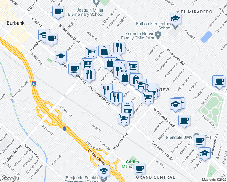 map of restaurants, bars, coffee shops, grocery stores, and more near 1049 Allen Avenue in Glendale