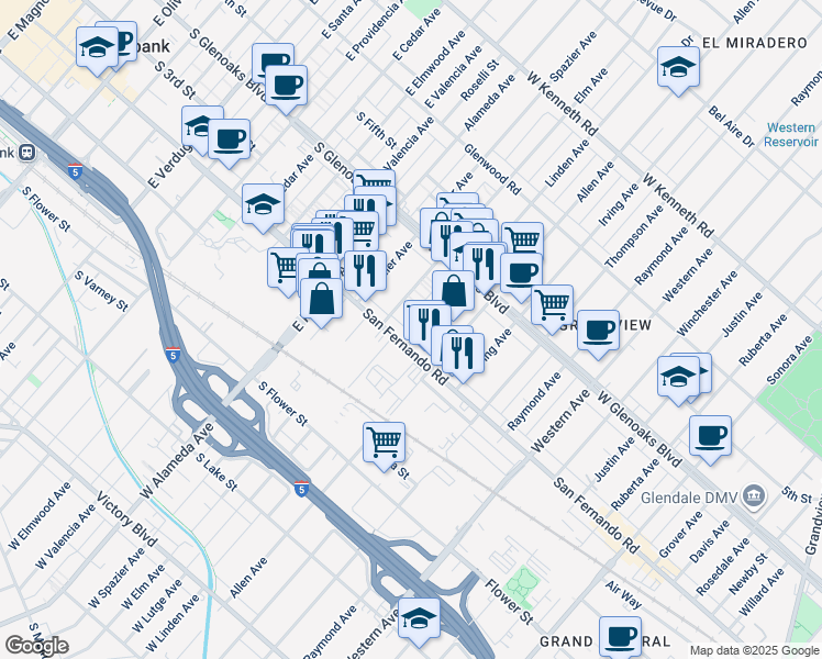 map of restaurants, bars, coffee shops, grocery stores, and more near in Glendale