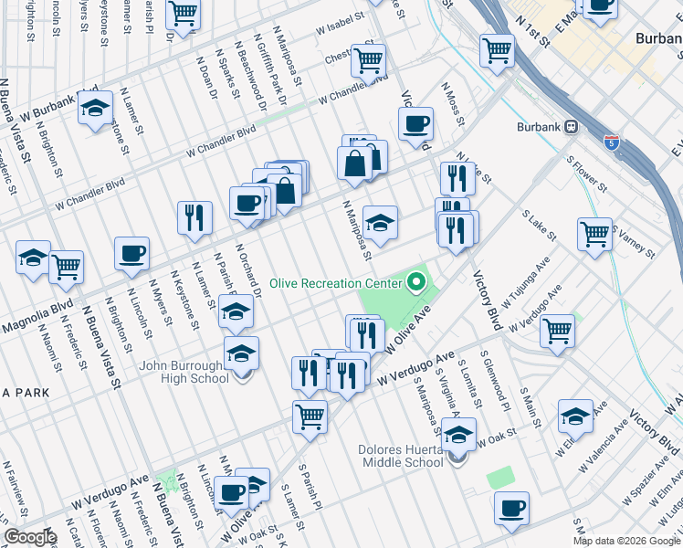 map of restaurants, bars, coffee shops, grocery stores, and more near 324 North Beachwood Drive in Burbank