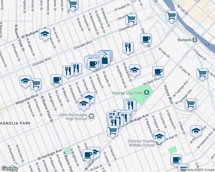 map of restaurants, bars, coffee shops, grocery stores, and more near 340 North Sparks Street in Burbank