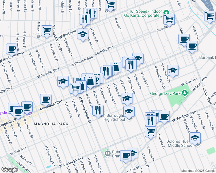 map of restaurants, bars, coffee shops, grocery stores, and more near 641 North Keystone Street in Burbank