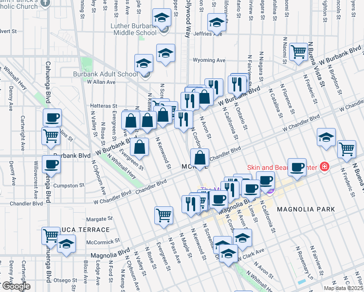 map of restaurants, bars, coffee shops, grocery stores, and more near 1307 North Hollywood Way in Burbank