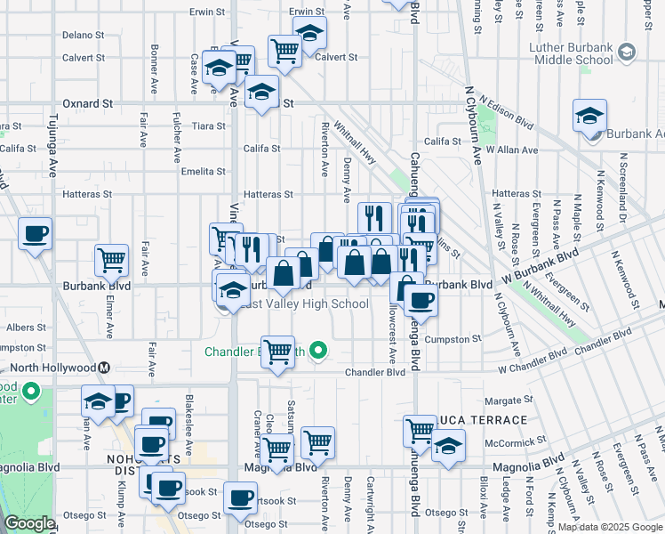 map of restaurants, bars, coffee shops, grocery stores, and more near 5627 Denny Avenue in Los Angeles