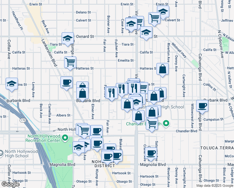map of restaurants, bars, coffee shops, grocery stores, and more near 5630 Fulcher Avenue in Los Angeles