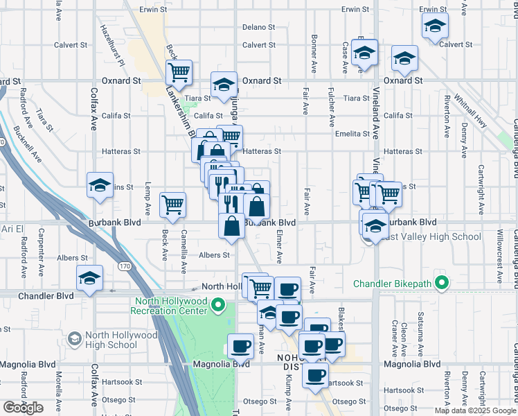 map of restaurants, bars, coffee shops, grocery stores, and more near 11308 Martha Street in Los Angeles