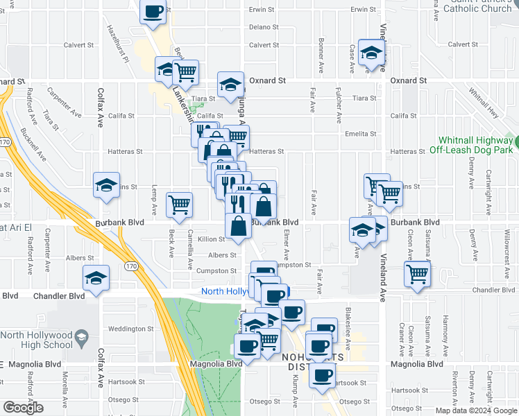 map of restaurants, bars, coffee shops, grocery stores, and more near 11348 Martha Street in Los Angeles