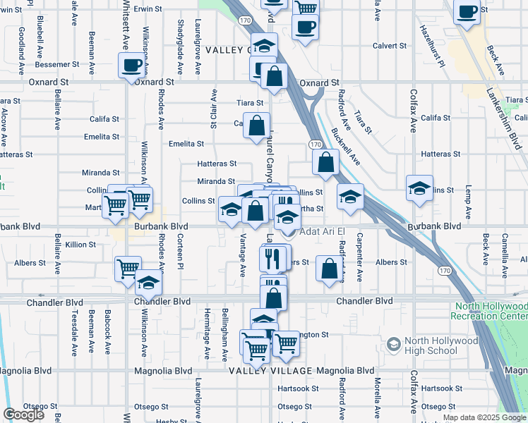 map of restaurants, bars, coffee shops, grocery stores, and more near 5626 Laurel Canyon Boulevard in Los Angeles