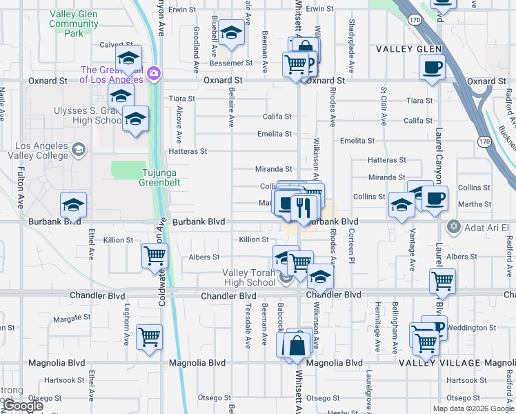 map of restaurants, bars, coffee shops, grocery stores, and more near 12630 Martha Street in Los Angeles
