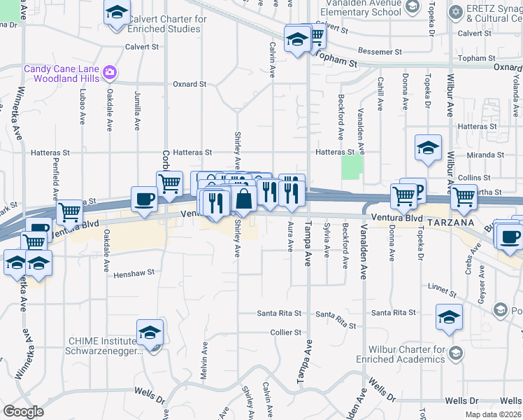 map of restaurants, bars, coffee shops, grocery stores, and more near 19439 Ventura Boulevard in Los Angeles