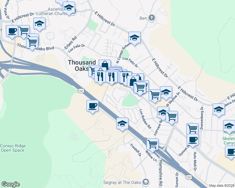 map of restaurants, bars, coffee shops, grocery stores, and more near 2456B Pleasant Way in Thousand Oaks