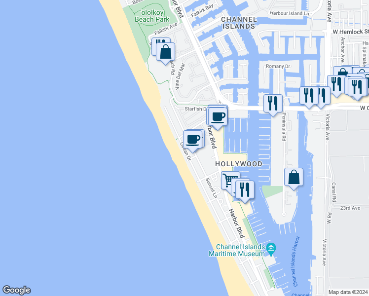 map of restaurants, bars, coffee shops, grocery stores, and more near 4029 Sunset Lane in Oxnard