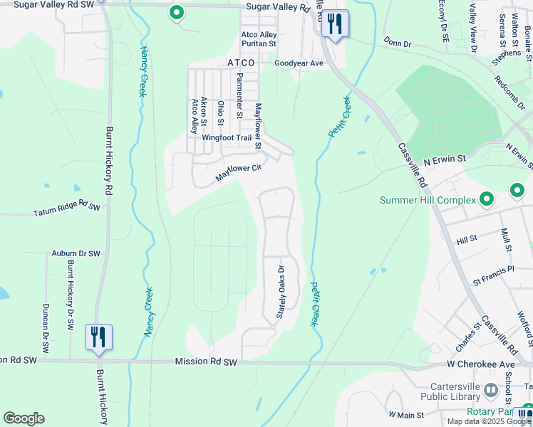 map of restaurants, bars, coffee shops, grocery stores, and more near 45 Twelve Oaks Drive Southeast in Cartersville