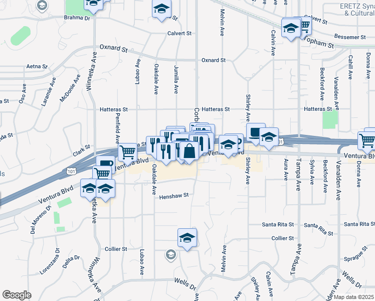 map of restaurants, bars, coffee shops, grocery stores, and more near 19719 Ventura Boulevard in Los Angeles