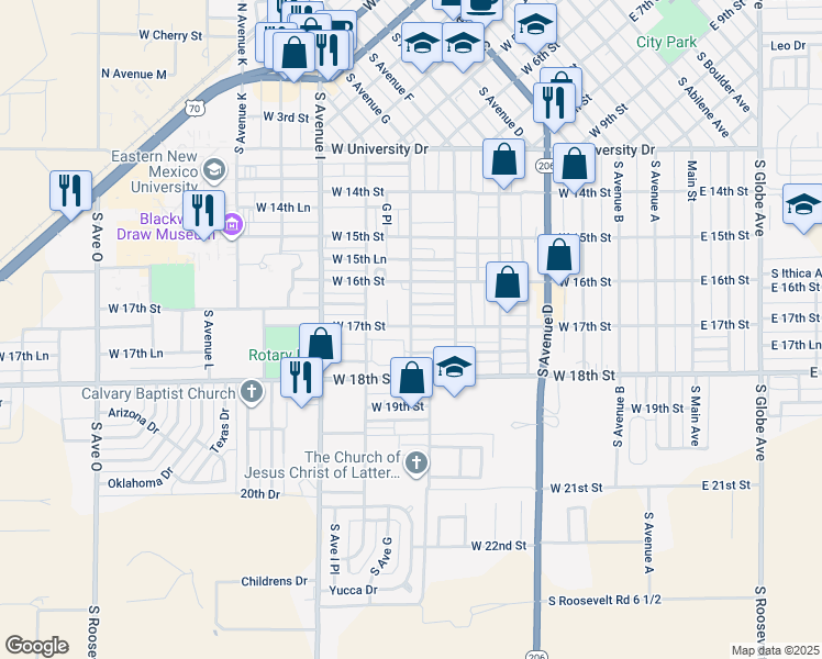 map of restaurants, bars, coffee shops, grocery stores, and more near 709 West 17th Street in Portales