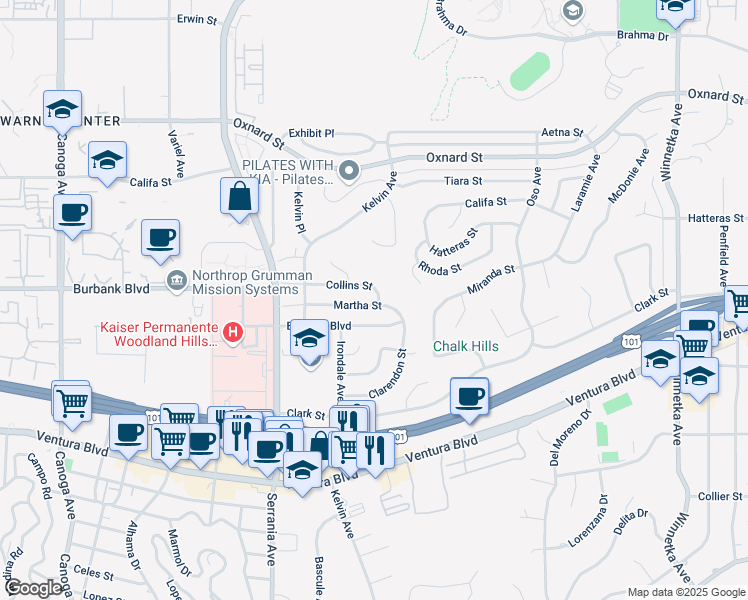 map of restaurants, bars, coffee shops, grocery stores, and more near 20701 Martha Street in Los Angeles