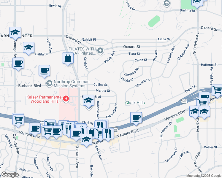 map of restaurants, bars, coffee shops, grocery stores, and more near 20703 Collins Street in Los Angeles
