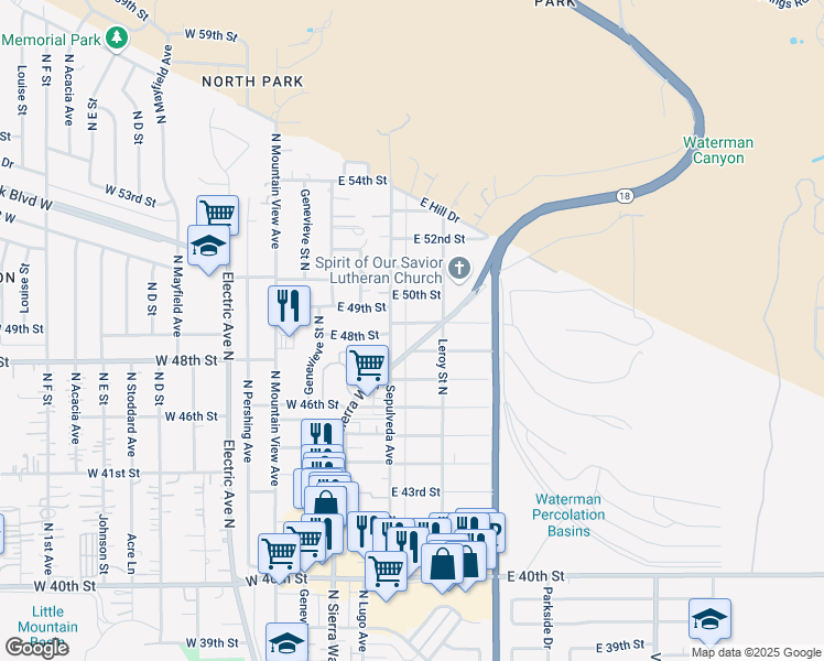 map of restaurants, bars, coffee shops, grocery stores, and more near 223 East 49th Street in San Bernardino